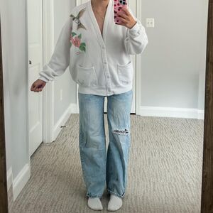 Vintage Hummingbird Flower Cottagecore 90s Grandma Cotton Cardigan OS